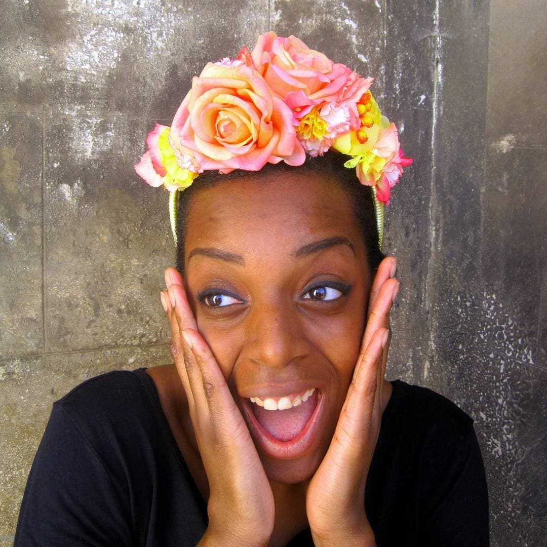Woman wearing a bright floral crown
