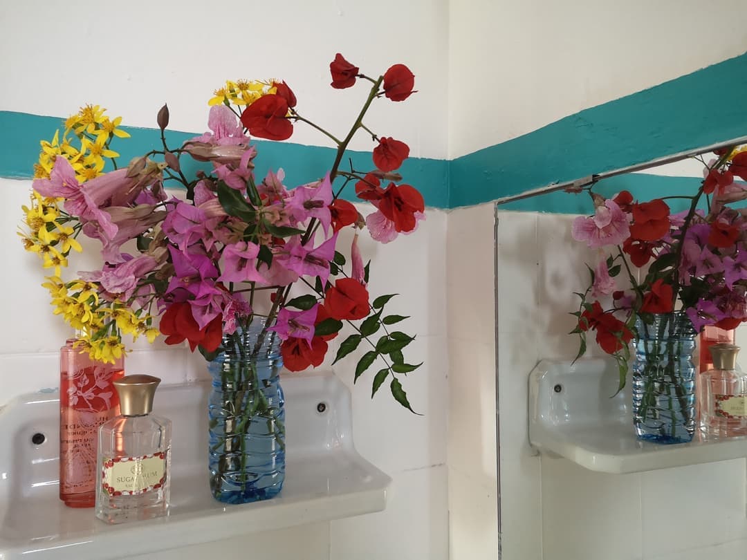 Vibrant flowers arranged by Bet in colourful vases